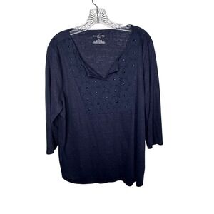 Talbots Woman 2X Navy Blue Linen Blend 3/4 Sleeve V-Neck Top Embellished